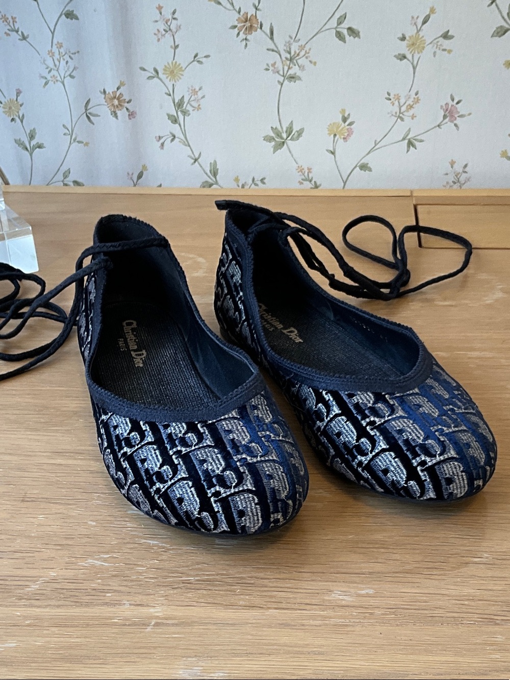 Dior Navy and Silver Monogram Tie Ballet Flats